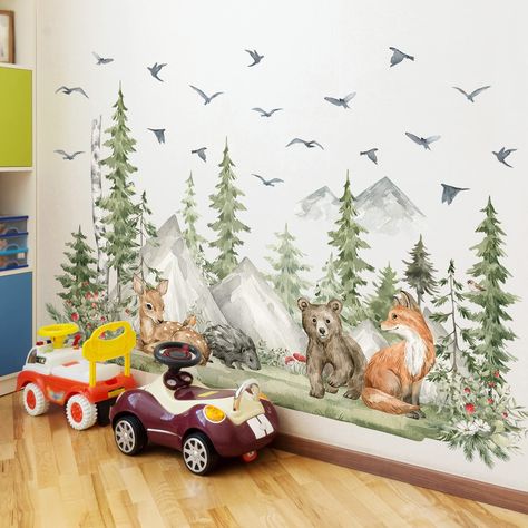 PRICES MAY VARY. Mountain Tree Wall Decals: comes with 4 sheets(12x36 inches/sheet ), watercolor woodland animal mountain wall stickers. Finish size as picture: 38inch x 59inch. Woodland Animal Wall Stickers: made of high quality PVC material , reliable and safe to use, which are not easy to fall off or fade. Forest animal wall decals can be applied to most smooth, dry and clean surfaces, such as walls, furniture, tiles, mirrors and windows; As long as applied correctly in proper situation, thes Nursery Wall Art Mountain, Deer Wall Art Nursery, Nursery Forest Animals Theme, Forest Vinyl Decals, Toddler Big Boy Room Forest, Woodland Art For Kids Room, Woodland Forest Themes Boys Bedroom, Boy Nursery Themes Woodland Forest Friends, Woodland Nursery Boy Artwork