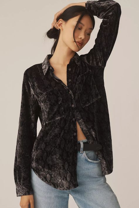 The Hadley Relaxed Buttondown Shirt by Pilcro: Velvet Edition | Anthropologie Velvet Shirt, Cast Member, Cool Fits, Boho Blouses, Premium Denim, Women's Tops, Womens Clothing Tops, Effortless Style, Day Dresses