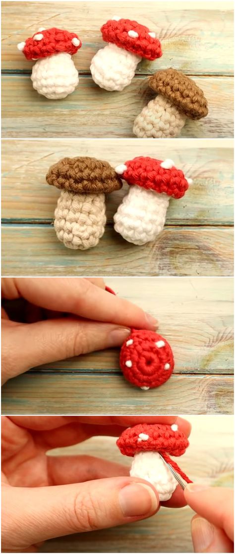 Mushroom Patterns, Tiny Mushroom, Crochet Garland, Crochet Mushroom, Crochet Keychain Pattern, Cozy Crochet, Valentines Crochet, Crochet Food, Quick Crochet