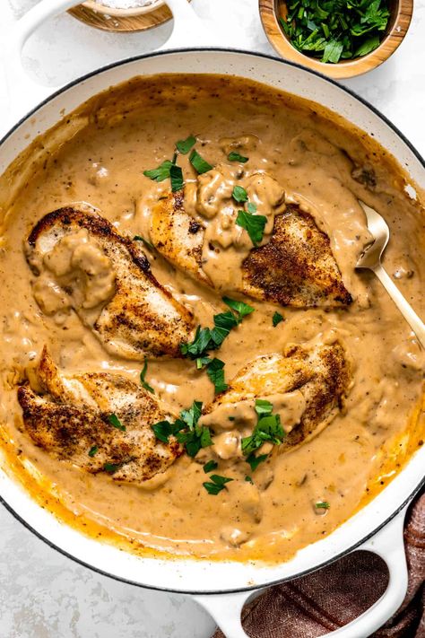 Cream of Mushroom Chicken Chicken With Wine, Skillet Lasagna Recipe, Cream Of Mushroom Chicken, Homemade Mashed Potatoes, Seared Chicken, Cheesy Mashed Potatoes, Smothered Chicken, Creamy Mushroom Sauce, Cream Of Mushroom