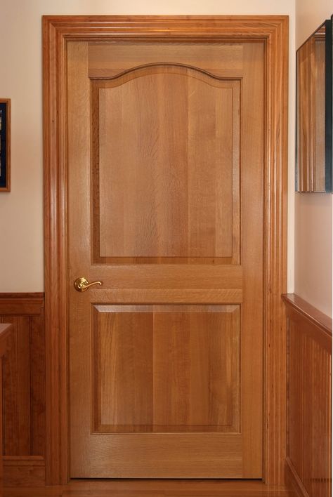 Quarter Sawn White Oak Classique style bedroom door with 3 1/2" cherry casing. Bedroom Door Handles, Single Door Design, Internal Sliding Doors, Fiberglass Entry Doors, Front Door Design Wood, Wooden Front Door Design, Wooden Main Door Design, Home Door Design, Wooden Bedroom