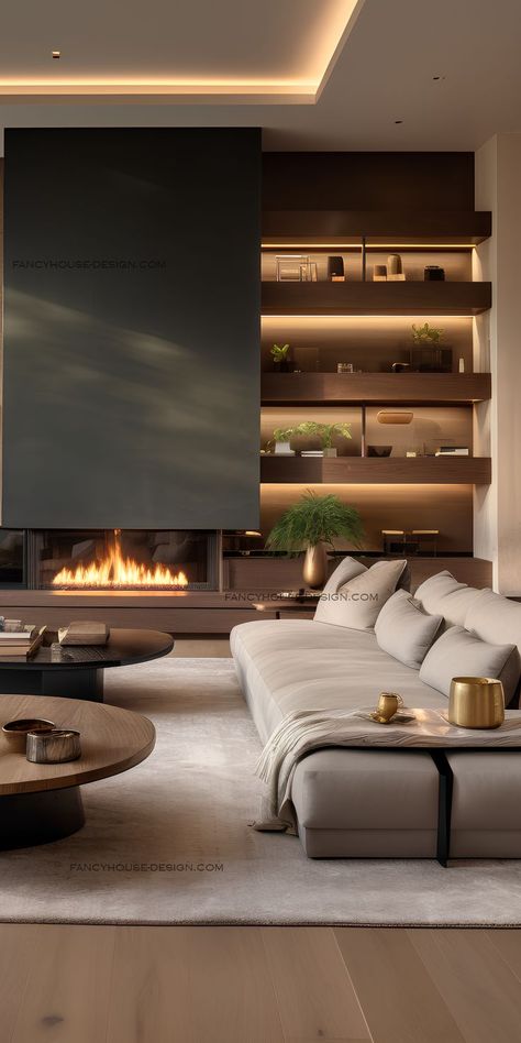 Luxurious minimalism combines comfort and style seamlessly. Seamless integration of elements creates a cohesive and inviting space. Living Room Decor Lights, Room With Fireplace, Rustic Home Design, Wall Tattoo, Home Fireplace, Minimalist Interior Design, Home Design Living Room, Living Room With Fireplace, Fireplace Design