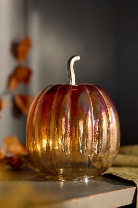 Accent your autumn tablescape or mantel with this glass pumpkin, designed with a hollow bottom so you can tuck a Stargazer light strand or flameless candle inside to create an atmospheric glow. | Glass Pumpkin, 6” in Orange, Size: Medium at Terrain Glass Pumpkins Display, Mercury Glass Pumpkins, Tis Autumn, Diy Fall Ideas, Faux Branches, Valerie Parr Hill, Table Decorating, Pretty Pumpkins, Cinderella Wedding