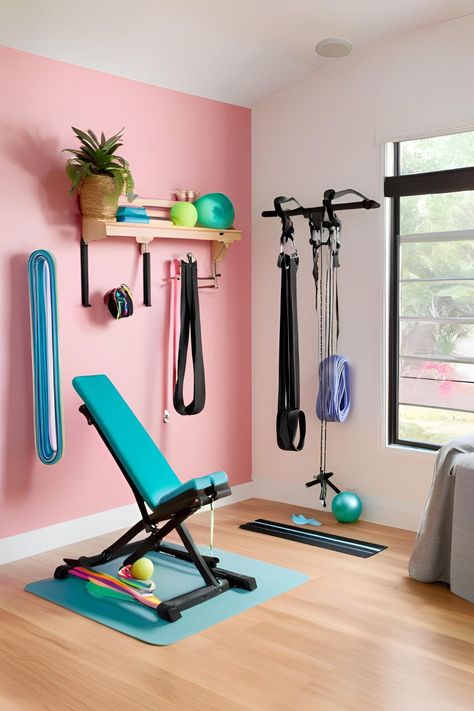 Maximize your workout area with this compact home gym design. Perfect for small spaces, this layout features multi-functional equipment to meet all your fitness needs. Small Workout Space In Bedroom, Room Gym Ideas Small, Workout Room Ideas Home Bedroom, Small Workout Area, Gym Area In Home, Workout Area In Small Space, Small Room Gym, Rv Workout, Small Workout Room Ideas