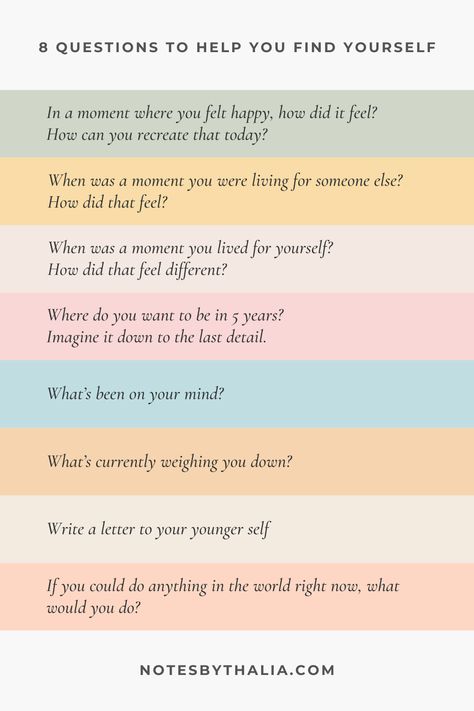 8 Questions and Journal Prompts To Help You Find Yourself During Times of Struggle Infographic black italic text on coloured rectangles Self Understanding Questions, How To Find Out What Makes You Happy, Self Regulation Journal Prompts, Sense Of Self Activities, Daily Thoughts Journal, People Pleaser Journal Prompts, Journal Prompts When Feeling Down, Journal Prompts For Comparison, Journal Prompts For Physical Health