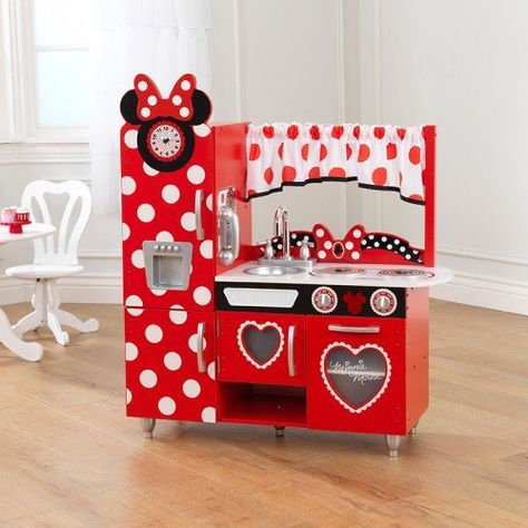 Experience the magical world of Disney Junior’s Minnie Mouse Vintage Kitchen Set. Adorably decorated to suit Minnie Mouse herself, cook an imaginative feast of food and fun! Includes a charming Minnie Mouse clock and entertaining interactive knobs that turn and click. Mickey Kitchen Decor, Mickey Mouse Bedroom Decor, Minnie Mouse Bedroom, Minnie Mouse Kitchen, Mickey Mouse Bedroom, Kitchen Play Set, Mickey Kitchen, Mickey Mouse Kitchen, Kitchen Playset