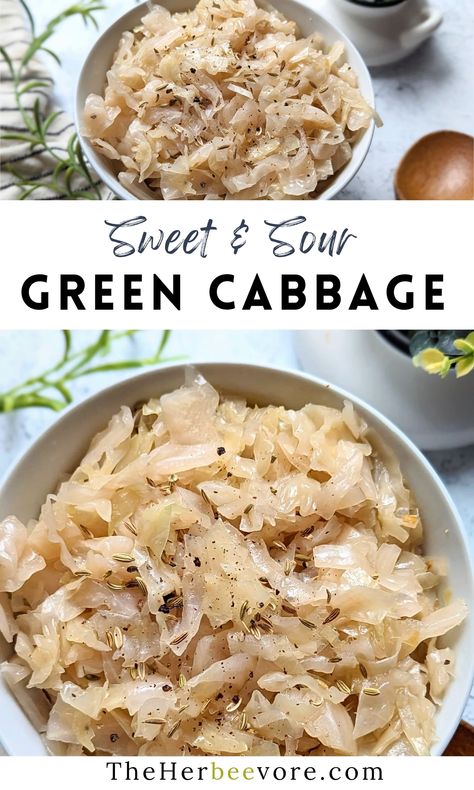 This sweet and sour green cabbage recipe is one of the easiest, tastiest side dishes you can make! It's flavorful, tender, and inexpensive - and goes great with any protein! Sweet Sour Cabbage Recipes, Recipes With Green Cabbage, Sweet And Sour Cabbage Recipes, Sweet Cabbage Recipe, Sour Cabbage Recipes, Green Cabbage Recipes, Sweet Sour Cabbage, Gina Livy, Cabbage Side Dish