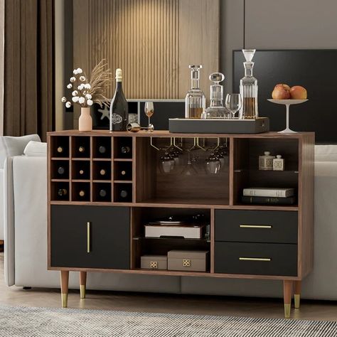 Ebern Designs Hyeng Kitchen Sideboard Buffet Cabinet with 12 Wine Bottle Rack, Stemware Holder and Drawers - Wayfair Canada Cabinet With Wine Rack, Wine Rack Glass Holder, Wine Bar Cabinet, Wine Rack Cabinet, Kitchen Buffet, Wine Bottle Rack, Kitchen Sideboard, Mini Bars, Buffet Cabinet