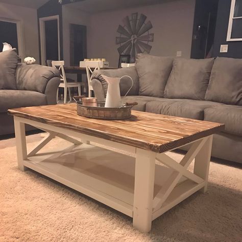 Two tone coffee table White And Brown Coffee Table, Wood Top Coffee Table, Cooffe Style Table, Two Tone Coffee Table, Farm Style Coffee Table, Two Toned Coffee Table, Coffee Table Ideas Living Room, Country Style Coffee Table, Country Coffee Table