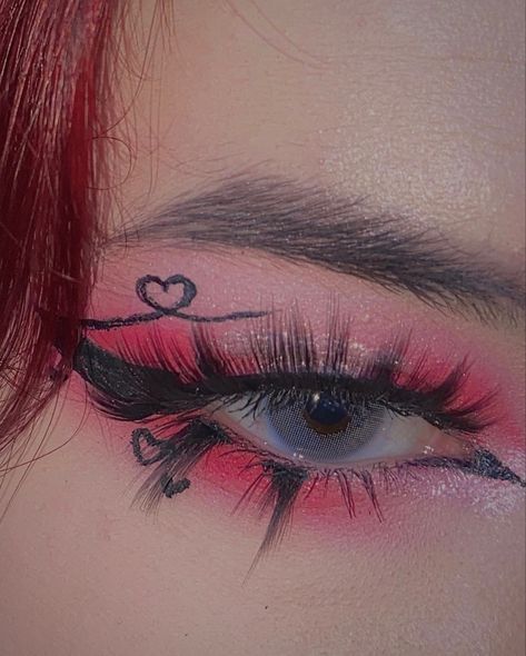 makeup, beauty, makeup inspi, eyeshadow, eueshadow inspo, red eheshadow inspo, egirl makeup inspo, graphic eyeliner, heart eyeliner, cute eyeliner inspo, red eyeshadow, pink eyeshdow, bottom lashes, top lashes, anime / manhua inspired lashes, red hair, pretty makeup inspo, blue grey contact lenses Egirl Makeup Red, Red Egirl, Red Heart Makeup, Heart Eyeliner, Black Goth Makeup, Emo Makeup Tutorial, Emo Eyeliner, Cute Eyeliner, Grey Contact Lenses