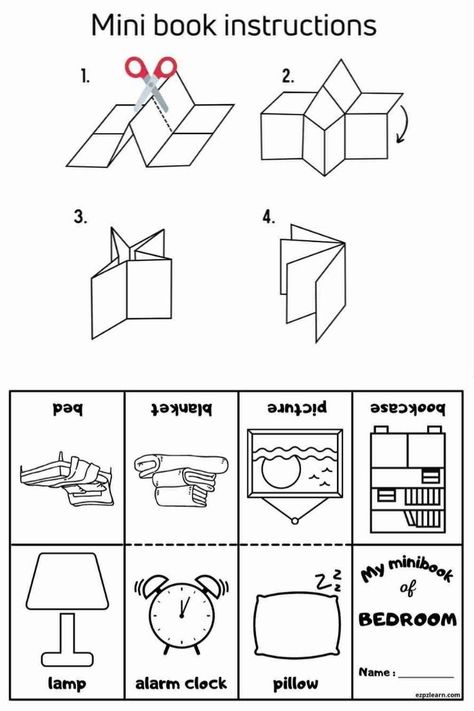 More fun with your teaching with Free Printable Mini Coloring Book with English vocabulary topic Bedroom in House with instruction worksheets for ESL teachers using for kindergarten, preschool and so on you can either download or print directly from our website. Bedroom Worksheet For Kindergarten, Bedroom Vocabulary English, My House Worksheet For Preschool, House Preschool Activities, House Worksheets For Kids, House Activities For Preschool, Bedroom Worksheet, Esl Crafts, Worksheets For Kids English