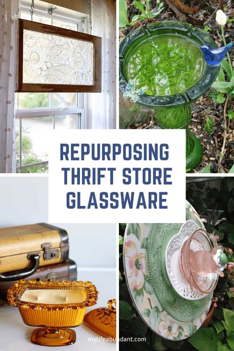 Simple thrift store glassware and turning it into something you love is such fun! See how easy it is to recycle glassware into something new for you. #diy #craft #thrift Thrift Store Glass Upcycle, Repurpose Old Dishes, Upcycle Crystal Glassware, Repurposed Vintage Glassware, Vintage Glass Upcycle, Repurpose Vintage Glassware, Glassware Crafts Diy, Thrift Store Projects, Upcycle Wine Glasses