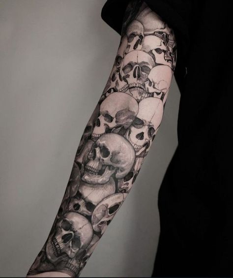 Blackwork Style Tattoo, Skull Bicep Tattoo, Skull Pile Tattoo, Goth Leg Tattoo, Creepy Hand Tattoos, Skeleton Sleeve Tattoo, Skull Wrist Tattoo, Japanese Skull Tattoo, Skeleton Tattoo Design