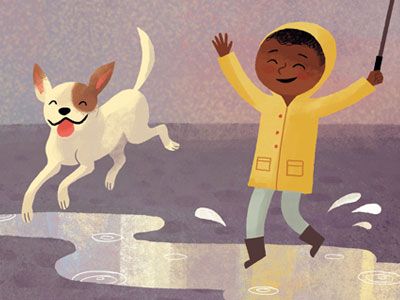 Splashing in puddles Puddles Illustration, Puddle Drawing, Puddle Illustration, Dog Jumping Illustration, Toot & Puddle, Puddle Jumping, Poly Art, Children's Illustration, Rain Boot