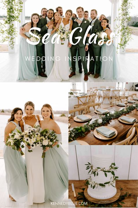 Sea Green Wedding Colors, Sea Glass Wedding Table Decor, Bridesmaid Colors Beach Wedding, Sea Glass And Blush Wedding, Sea Glass Green Wedding Theme, Sea Glass Colored Wedding, Eucalyptus And Sea Glass Wedding, Colors For Weddings Summer, Sea Glass Green Bridesmaid Dresses