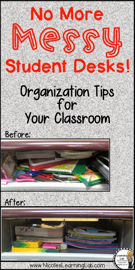 A Bright Idea: No More Messy Student Desks!  Simple organization tips for your classroom. Student Desk Organization, Desk Organization Tips, Simple Organization, Math Lab, Co Teaching, Student Desk, Clip Chart, Upper Elementary Classroom, Student Desks