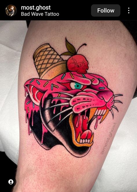 Traditional Tattoo Panther, Ice Cream Tattoo, Traditional Panther Tattoo, Cream Tattoo, Traditional Tattoo Designs, Tattoo Apprenticeship, Traditional Style Tattoo, Birthday Tattoo, Funky Tattoos