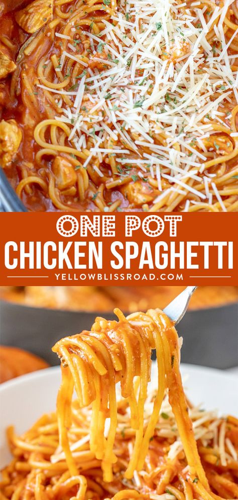 One Pot Chicken Spaghetti, Chicken With Spaghetti Sauce, Easy Chicken Spaghetti Recipe, Pasta Tomato Sauce, Creamy Cheesy Pasta, Easy Chicken Spaghetti, Spagetti Recipe, Pasta Tomato, Chicken Spaghetti Recipes