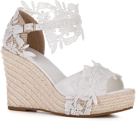 Women's Wedge Platform Sandals Summer Wedding Ankle Strap Open Toe Sandals Wedge Sandals Wedding, Platform Sandals Summer, White Wedge Heels, Wedding Wedges, Wedge Platform Sandals, Beach Wedding Shoes, White Wedge Sandals, Rope Sandals, White Wedges