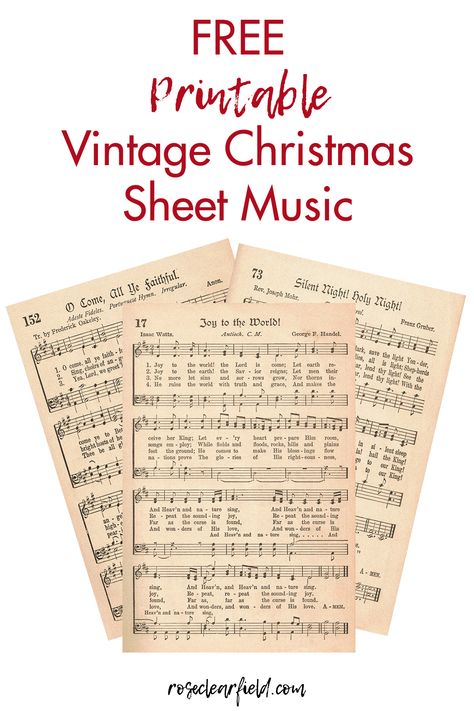 FREE printable vintage Christmas sheet music! 24 hymns, JPG and PDF versions. Perfect for holiday carol books, DIY wall art, and Christmas craft projects. #freesheetmusic #printableChristmasmusic #vintageChristmasmusic | https://www.roseclearfield.com Vintage Christmas Sheet Music, Free Christmas Music, Sheet Music Crafts, Christmas Sheet Music, Music Crafts, Christmas Feeling, Holiday Craft, Free Christmas Printables, Printable Vintage