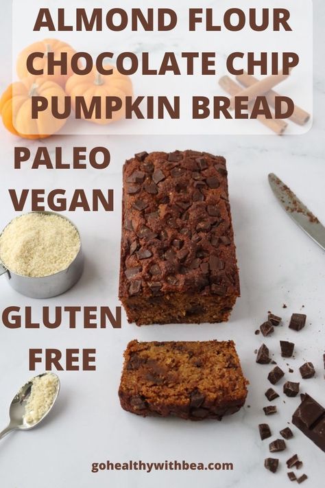 Try this easy and healthy homemade chocolate chip pumpkin bread recipe. This almond flour pumpkin bread is paleo, vegan and gluten free. It is moist and delicious. Vegan Almond Flour Pumpkin Muffins, Almond Flour Pumpkin Chocolate Chip Bread, Almond Flour Pumpkin Loaf, Paleo Pumpkin Bread Almond Flour, Almond Flour Pumpkin Banana Bread, Gluten Free Pumpkin Bread Almond Flour, Almond Flour Vegan Recipes, Pumpkin Bread With Almond Flour, Almond Flour Pumpkin Bread