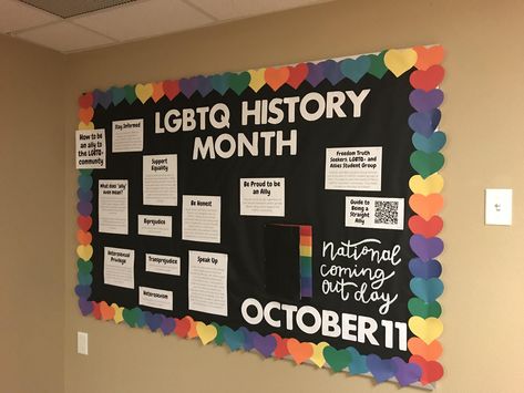 How to be an ally to the LGBTQ+ community + National Coming Out Day on October 11 Pride Classroom Door Ideas, Lgbtq History Month Bulletin Board, Gsa Bulletin Board Ideas, Lgbtq Bulletin Board Ideas, Pride Month Bulletin Board Ideas, Pride Bulletin Board Ideas, Pride Bulletin Board, Pride Month Bulletin Board, School Nurse Door Decoration