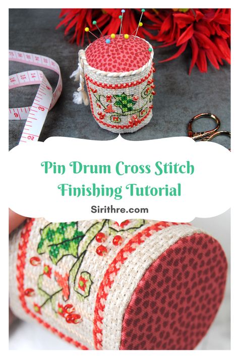 A basic cross stitch finishing tutorial teaching you how to make a pin drum / pin cushion. These make great personalized gifts for anyone who sews. Pin Drum Cross Stitch, Drums Cross Stitch Pattern, Ideas To Finish Cross Stitch Projects, Cross Stitch Pin Drums, Cross Stitch Finishing Ideas Tutorials, Needlework Finishing Ideas, Cross Stitch Finishing Ideas, Cross Stitch Gifts Ideas, Counted Cross Stitch Patterns Free