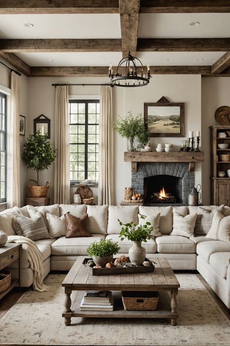 English Cottage Tv Room, American Country Living Room, Country Living Room Aesthetic, Great Room Ideas With Fireplace, Living Room Furniture Layout With Fireplace, Rustic Living Room Decor Farmhouse Style, Farmhouse Den Family Rooms, Modern Farmhouse Living Room Brown Couch, Cozy Farmhouse Living Room Decor