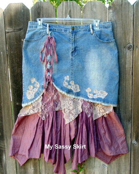 Find more up-cycled denim skirts like this in Facebook: My Sassy Skirt Altered Clothing Upcycling, Denim Skirt Upcycle Diy Ideas, Long Skirt Over Pants, Upcycled Denim Skirt, Abaya Mode, Återvinna Jeans, Upcycled Skirt, Sally Brown, Vetements Clothing