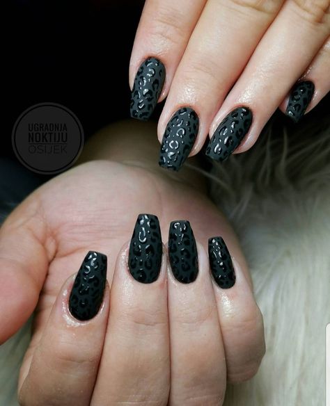 Winter 2021 black leopar nails matte and shine simple Black On Black Leopard Nails, Matte Black Nails With Cheetah Print, Black Leopard Nails Coffin, Black With Leopard Nails, Black Nails Cheetah Print, Black Nails With Leopard Accent Nail, Black Cheetah Nail Designs, Black Matte Cheetah Nails, Matte Black Leopard Nails