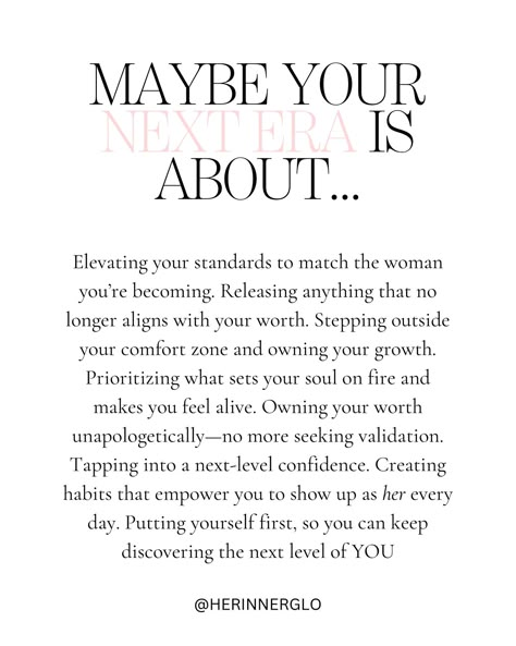 Your next era isn’t about settling—it’s about leveling up. ✨ It’s about becoming the woman who unapologetically owns her worth, releases what doesn’t align, and boldly steps into her next-level self every single day. This is the season where you raise your standards, break free from comfort zones, and prioritize what truly lights you up. No more waiting for validation or permission—you’re already everything you need to be. It’s time to match your energy to the vision you’ve been holdin... Raising My Standards Quotes, Leveling Up As A Woman, This Era Quotes, How To Raise Your Standards, Raise Your Standards Quotes, In My Era Quotes, 2024 Reset, Single Era, Standards Quotes