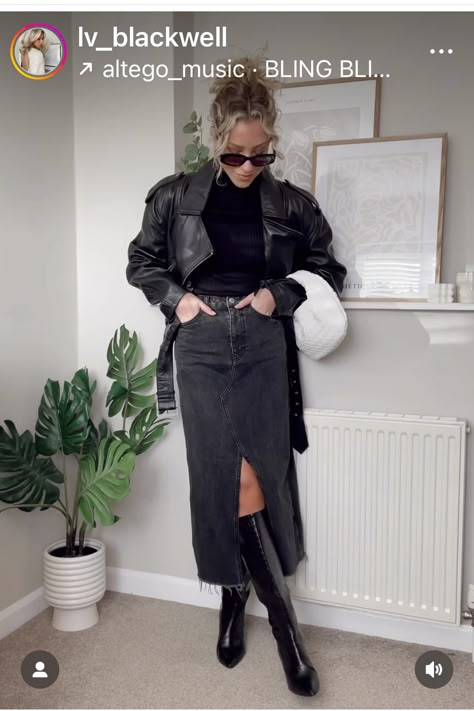 Jean Skirt Outfits Fall, Denim Skirt Outfit Winter, Long Denim Skirt Outfits, Skirt Outfits For Women, Denim Skirt Outfit Fall, Demin Skirt Outfit, Denim Midi Skirt Outfit, Black Denim Skirt Outfit, Long Denim Skirt Outfit