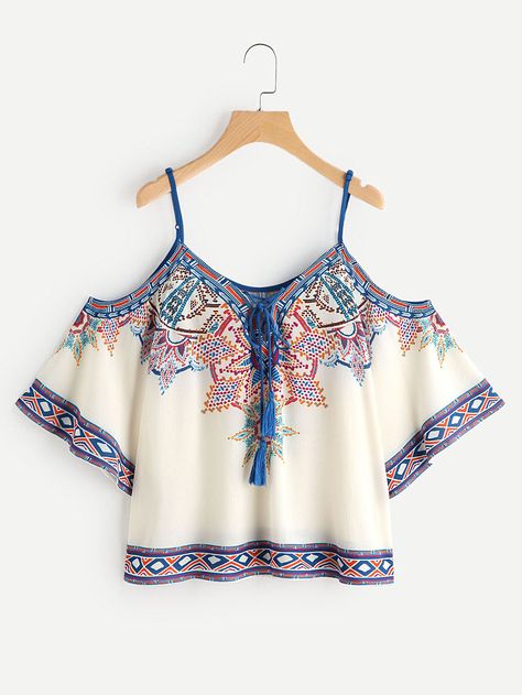 Shop Aztec Print Cold Shoulder Lace Up Top online. SheIn offers Aztec Print Cold Shoulder Lace Up Top & more to fit your fashionable needs. Áo Blu, White Cold Shoulder Top, White Short Sleeve Shirt, White Short Sleeve Tops, Lace Up Top, Cold Shoulder Lace, Trendy Fashion Tops, Shoulder Tops, Modieuze Outfits