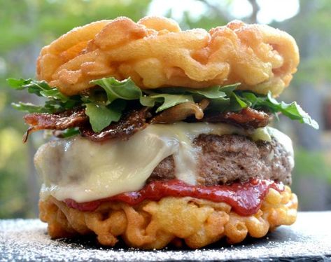 Fair for All: 25 Crazy Fair Foods You Can Make at Home - foodiecrush Queso Burger Recipe, Cheesy Flatbread, Cake Burger, Unique Burger Recipes, Butter Burger, Crazy Burger, Unique Burgers, Funnel Cake Recipe, State Fair Food