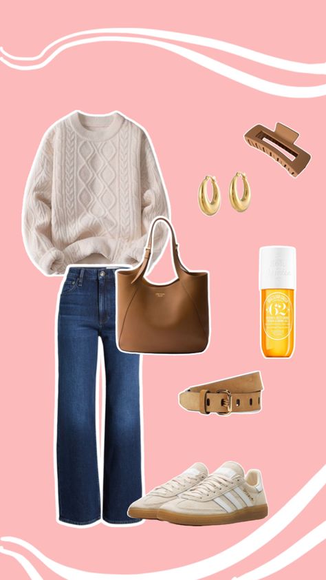 cute, casual, simple outfit. outfit for day out, school outfit, back to school outfit, university outfit, college outfit. light beige adidas spezial, beige belt, brown bag (prada bag), dark wash straight cut jeans, light beige sweater, sol de janeiro 62, gold small hoop earrings, beige claw clip. Brown Belt Outfit, Gold Small Hoop Earrings, Beige Adidas, Outfit College, University Outfit, College Outfit, Bag Prada, Straight Cut Jeans, Comfy Sweater