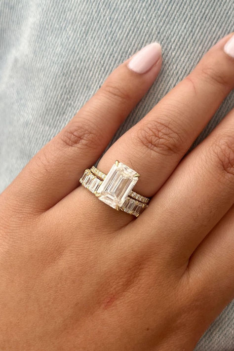 Emerald Engagement Rings With Band, Emerald Engagement With Wedding Band, Stackable Wedding Rings Emerald Cut, Wedding Bands With Emerald Engagement Ring, Emerald Cut Ring Wedding Band, Ring Stack Emerald Cut, Emerald Ring Wedding, Diamond Band Wedding Ring, Wedding Band Stack Ideas Cushion