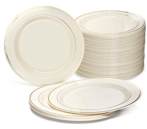 PRICES MAY VARY. Premium Heavyweight Disposable Plastic plates. Larger and heavier than the competition. Perfect for Weddings and special events! Looks like real china. Ideal for holidays, large gatherings, weddings and special events, where you want an elegant and fancy look with the convenience of disposable. Includes : 240 Pieces 10.5'' Dinner Plates Design / Color : Ivory & Gold Rim Made out of high gloss premium heavyweight disposable plastic. Single Use - Recyclable and BPA Free - Not micr Gold Chargers Wedding Place Settings, Wedding Plates Ideas, Gold Chargers Wedding, Gold Rim Plates, Plastic Plates Wedding, Plates Design, Wedding Dinnerware, White And Gold Decor, Disposable Plastic Plates