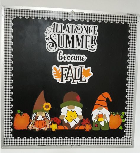 Nursing Bulletin Board Ideas Hospital Fall, Fall Gnome Bulletin Boards, Fall Bulletin Board Ideas For Work, Gnome Bulletin Board Ideas, Billboard Ideas, Homeschool Wall, Fall Bulletin Board, Spring Bulletin, Fall Gnomes