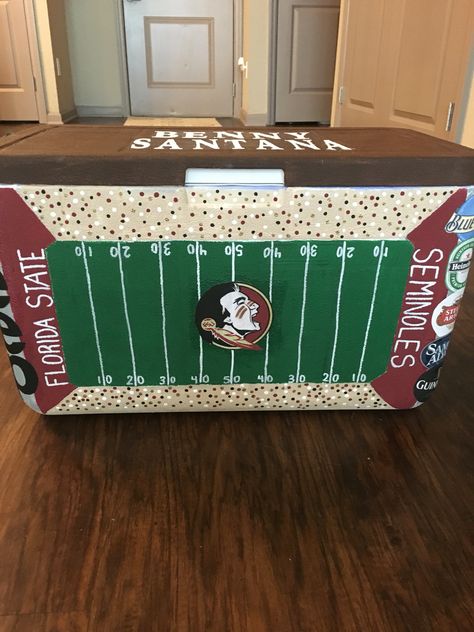 Fsu fraternity cooler for formal Fsu Frat Coolers, New Orleans Fraternity Cooler, Frat Cooler Football Field, Painted Frat Cooler Ideas, Decorated Coolers Fraternity, Fraternity Formal Cooler, Nashville Cooler Formal, Frat Cooler Nashville, Fsu Painting