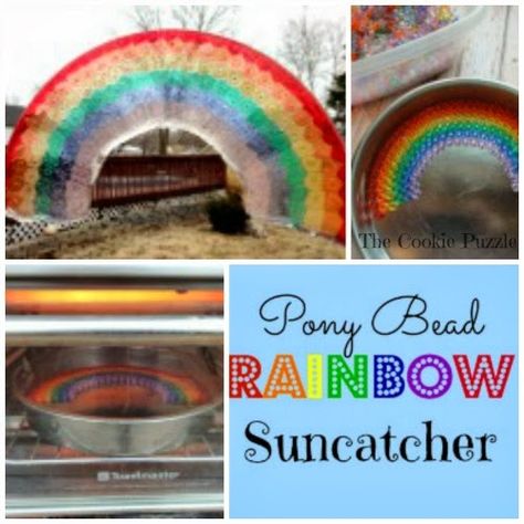 Pony Bead Rainbow, Melted Bead Suncatcher, Cookie Puzzle, Melted Pony Beads, Melted Bead Crafts, Bead Rainbow, Rainbow Suncatcher, Summertime Crafts, Pony Bead Crafts