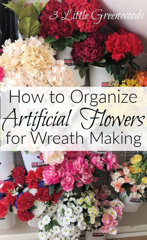 Organizing Floral Stems, Organizing Artificial Flowers, Faux Flower Wall Storage, Silk Floral Storage Ideas, Silk Flower Storage Ideas Craft Rooms, Diy Flower Storage, Artificial Wreath Making, How To Organize Artificial Flowers, Wreath Supply Organization