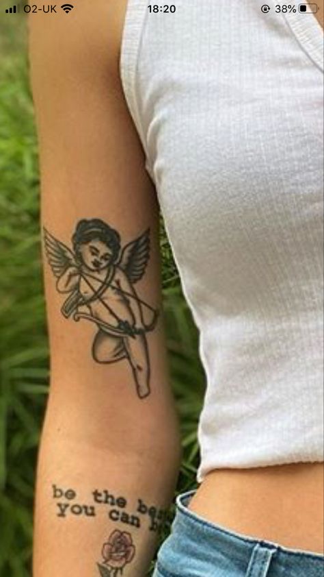 Old School Angel Tattoo, Cupid Tattoo Traditional, Pierced Heart Tattoo, Cherub Tattoo Traditional, Draw School, Dorm Items, Tattoo 2022, Cupid Tattoo, Tattoo 2023