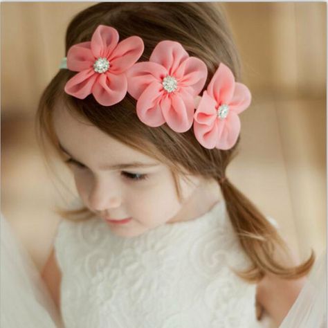 New-Ribbon-Pearl-Diamond-Hairband-Newborn-Hair-bands-Sewing-3-Flowers-Headband-Kids-Hair Organza Headband, Diamond Headband, Girl Hair Accessories, Toddler Hairstyles Girl, Flower Girl Headbands, Headband Flower