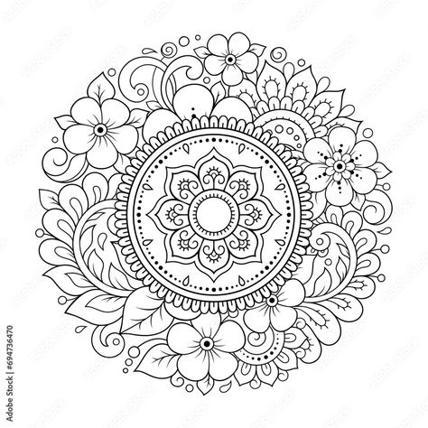 Circular pattern in form of mandala with flower for Henna, Mehndi, tattoo, decoration. Decorative ornament in ethnic oriental style. Outline doodle hand draw vector illustration. Stock Vector | Adobe Stock Ornamental Pattern Design, Mandala Designs Pattern, Mandala To Color, Mandala Pattern Design Templates, Mandala Art Flowers, Mandala Pattern Tattoo, Mandala Drawing Colourful, Mandala Vector Design, Mandala Outline