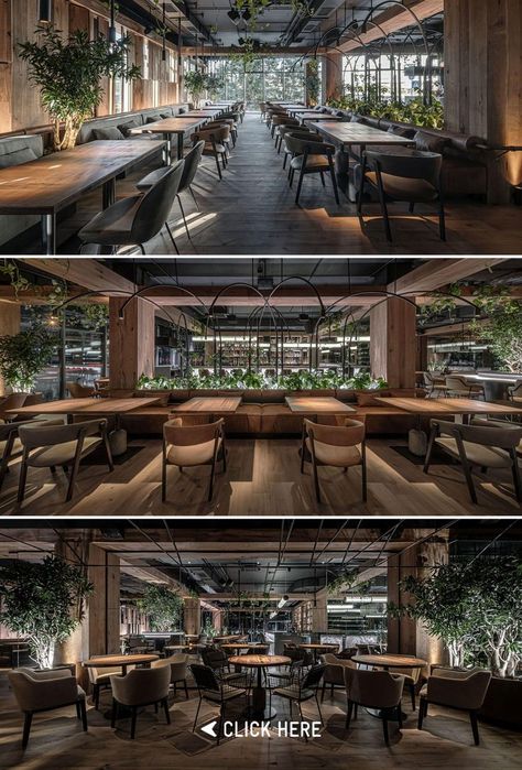 Lots of greenery, natural wood, and lively air - Par Bar 3 is a new restaurant and bar in a residential area of Kyiv, created according to the principle of genuineness. #architonic #interiors #design #darkdecor #decor #barinterior #bar #interiordesign #interiorlovers #interiordesire #interiorstylist #industrialdesign Restaurant Interior Design Wood, Outdoor Bar Area, Wood Cafe, University Housing, Outdoor Restaurant Design, Engine House, Restaurant Themes, Wood Interior Design, New Restaurant