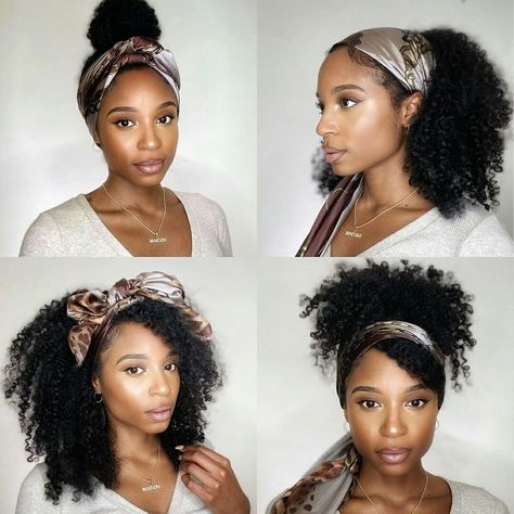 How To Style A Scarf In Your Hair Black Women, Curly Headband Wigs For Black Women, Black Women Hair Scarf Styles, Braid Headband Hairstyle Black Women, Black Woman Headband, Silk Headband Hairstyles, Headband Wigs For Black Women Styles, Natural Hair With Headband Black Women, Headband On Natural Hair