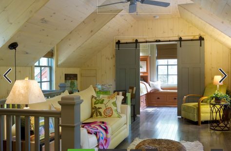 bonus room idea- split space and divide sleeping area  from the rest of the space with slider door Rustic Cabin Design, Rustic Family Room, Attic Renovation Ideas, Finished Attic, Small Attic, Upstairs Loft, Attic Bathroom, Attic Design, Attic Apartment