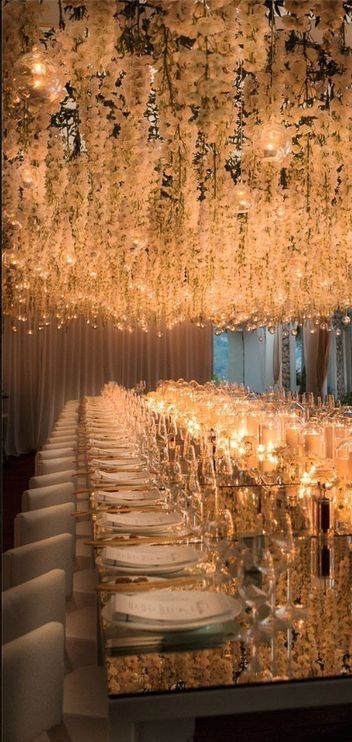 Wedding With Chandeliers, Wedding Reception Decorations Lights, White Table Decorations, Wedding Reception Indoor, Wedding Reception Dinner, Wedding Ceiling, Luxury Wedding Decor, Wedding Reception Centerpieces, Reception Dinner