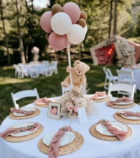 Pink Bear Birthday Theme, Girls Baby Shower Ideas Themes, Teddy Bear Baby Shower Table Setting, Babyshower Ideas For Girl, Girl Babyshower Themes Ideas, Boho Teddy Bear Centerpieces, Baby Shower Themes For Baby Girl, Baby Girl Shower Table Decorations, Pink Theme Baby Shower Ideas