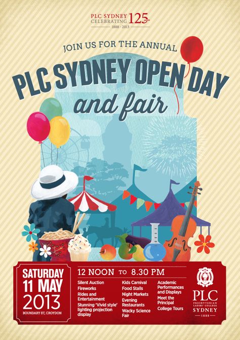 PLC Sydney Open Day and Fair poster Fair Poster Ideas, Culture Fair, Fair Poster, School Fair, Advertising Graphics, Kids Carnival, Family Festival, Corporate Image, Stationery Packaging